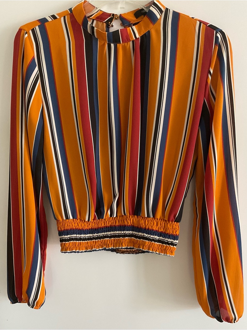 Forever 21 Striped Mock-Neck Blouse in Orange, Navy & Cream